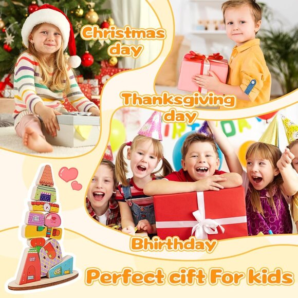 Montessori Wooden Stacking Toy,Colorful Houses Building Blocks Game 14 Pcs Monte - Picture 7 of 12